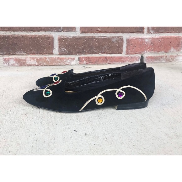 vintage 80s COLORFUL JEWELS black suede pointy FLATS unique avant garde rainbow - Picture 7 of 10